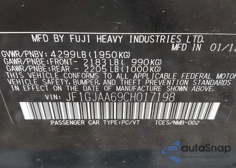 2012 Subaru Impreza 2.0I z USA, uszkodzony, nr VIN JF1GJAA69CH017198